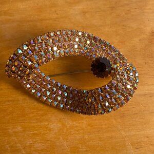 Vintage Brooch with Aurora Borealis Rhinestones | Oval Gold Tone Pin